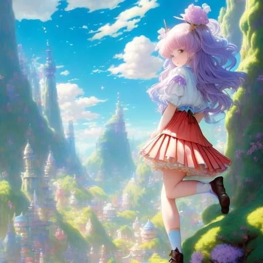 Prompt: Adrienne Segur, Elsa Beskow, Jessie Willcox Smith, Japanese Anime, Surreal Mysterious Weird Fantastic Sci-Fi Fantasy, A giant pudding parfait as tall as a building, a miniskirt high school girl is climbing into the parfait using a ladder, beautiful perfect voluminous body, she likes sweets, detailed, high resolution definition quality masterpiece, depth of field, focus, cinematic lighting
