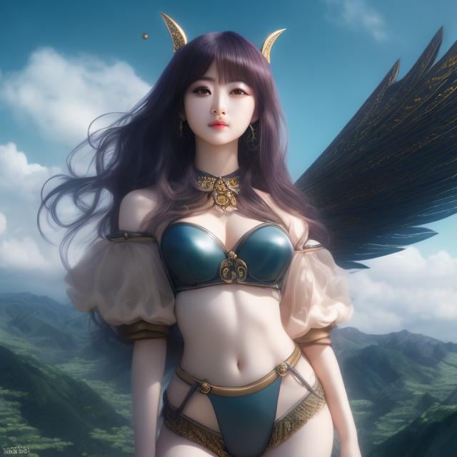 Prompt: Junaida, Takako Hirai, Surreal, mysterious, strange, fantastical, fantasy, Sci-fi, Japanese anime, Phantasmagoriana, fantasy atlas, geofiction, gigantic creature, beautiful girl on the wings of songs, perfect voluminous body, detailed masterpiece 