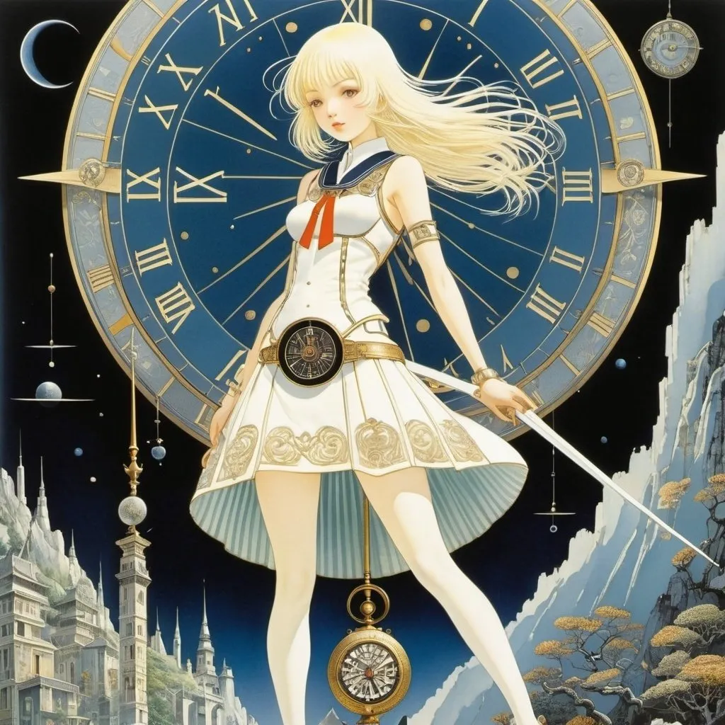 Prompt: Kay Nielsen, Tadanori Yoko, Marcello Dudovich, Yoshihiro Togashi, Manuel Orazi, Surrealism Mysterious Weird Fantastic Fantasy Sci-fi, Japanese Anime, Discovery of biological clock parts, Sundial inside the body, Beautiful high school girl in miniskirt, perfect voluminous body, detailed masterpiece 