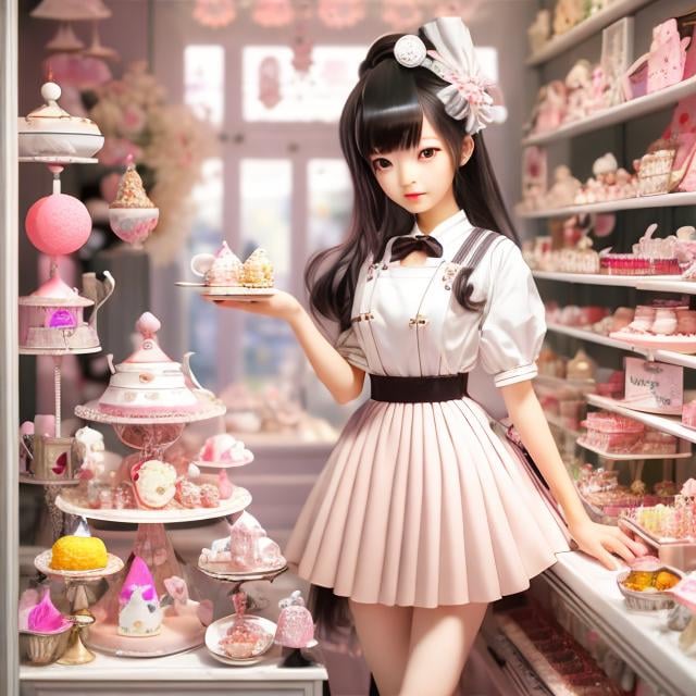 Prompt: Arina Tanemura, Cocoa Fujiwara, Kay Nielsen, surreal, mysterious, strange, bizarre, fantasy, Sci-fi, Japanese anime, android miniskirt beautiful maid, short hair, boyish, perfect voluminous body Preparing tea, shopping for sweets, maid confused about which one to choose, all looks good, at sweets shop, hyper detailed masterpiece, hand drawings fine lines, depth of field cinematic lighting hyper realistic 