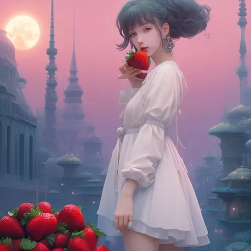 Prompt: Marek Włodarski, James Jean, Surreal, mysterious, strange, fantastical, fantasy, sci-fi, Japanese anime, miniskirt moonlight beautiful girl who comes down to the ground and eats a strawberry parfait, perfect voluminous body, loves cafes, moonless galactic nights, detailed masterpiece 