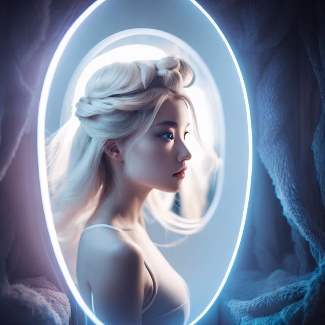 Prompt: Alexander Leydenfrost, Heikala, Surreal, mysterious, strange, fantastical, fantasy, Sci-fi, Japanese anime, Alice, a blonde miniskirt beautiful girl who appears from inside the mirror, appears from inside the mirror, perfect voluminous body, Anamorphoses, reflects the light, detailed masterpiece 