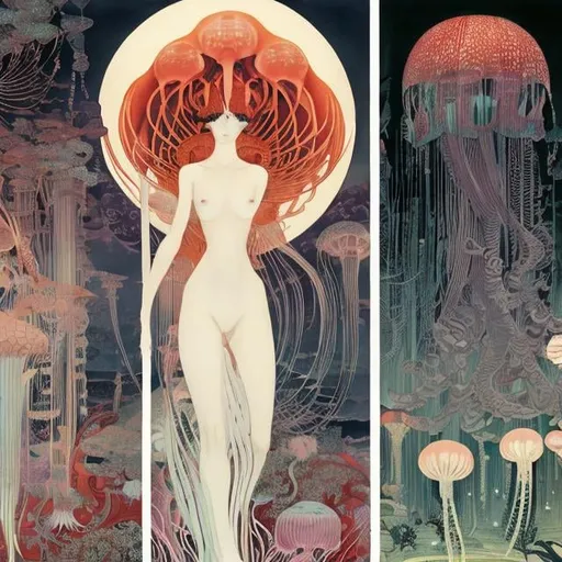 Prompt: Kay Nielsen, Anne Anderson, Koloman Moser, Adrienne Segur, fallen angel girl, night in Tokyo, jellyfish, red mars, panorama