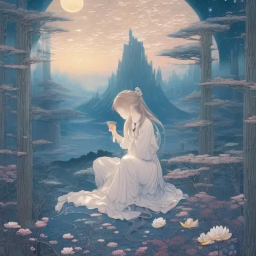 Prompt: Kenji Tsuruta, James Jean, Walter Crane, Kate Greenaway, Surreal, mysterious, bizarre, fantastical, fantasy, Sci-fi, Japanese anime, seen in a dream, communion with northern nature such as stars, moon, and forests, beautiful blonde girl Alice, lively darkness, ensemble, labyrinth of forgotten gods, detailed masterpiece 