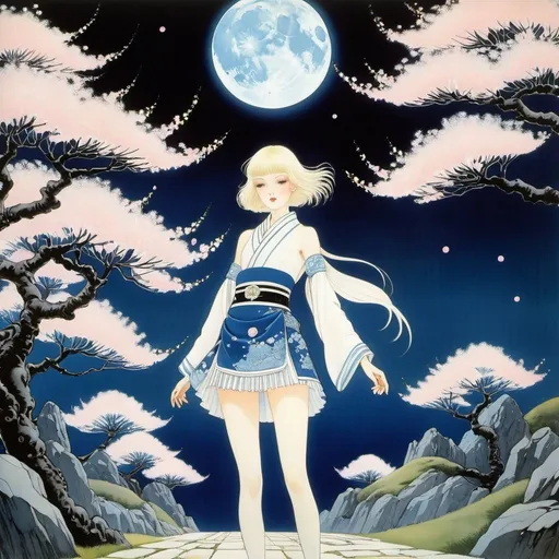 Prompt: Kay Nielsen, Francesca Sanna, Lorenzo Mattotti, Surreal, mysterious, strange, fantastical, fantasy, sci-fi, Japanese anime, nothing unusual on the cherry blossom front, the granite night and the blue of darkness, the miniskirt beautiful girls leaving the factory, perfect voluminous body, detailed masterpiece 