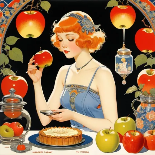 Prompt: Margaret Tarrant, Coles Phillips, Virginia Frances Sterrett, Katsuya Terada, Moto Hagio, Surrealism, wonder, strange, fantastical, fantasy, Sci-fi, Japanese anime, slumber in a jam jar, burning apple pie, beautiful girl in a miniskirt, gourmet, perfect voluminous body, Sunday table, detailed masterpiece 