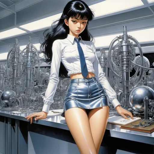 Prompt: Hajime Sorayama, Levi Pinfold, Moto Hagio, Jim Kay, Julia Christians, Surrealism, wonder, strange, bizarre, fantasy, Sci-fi, Japanese anime, utopian laboratory, trapping the world in one book, summer vacation homework of a miniskirt beautiful high school girl, perfect voluminous body, detailed masterpiece 