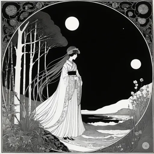 Prompt: Harry Clarke, Joe Hargan, Kanan Minami, Frances E (MacNair) MacDonald, Aubrey Beardsley, Surrealism, wonder, strange, bizarre, fantasy, Sci-fi, Japanese anime, hunting in the darkness, night, words, and a journey to the end of the world, the tragic love between a miniskirt beautiful girl and the king of darkness, perfect voluminous body, detailed masterpiece 