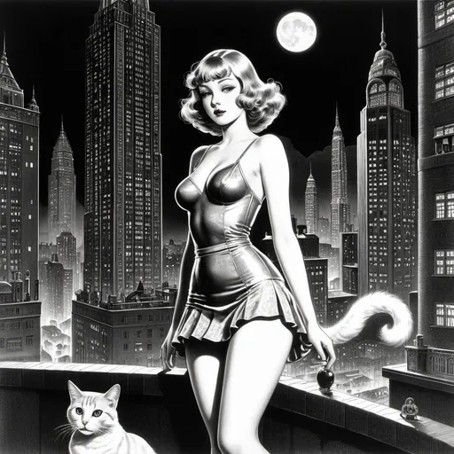 Prompt: Virgil Finlay, Virginia Frances Sterrett, Edward McKnight Kauffer, Hajime Sorayama, André Mare, Surrealism, wonder, strange, bizarre, fantasy, Sci-fi, Japanese anime, the necessity of darkness, the night is a friend of humanity, a beautiful high school girl in a miniskirt and a cat strolling through a city shrouded in darkness, perfect voluminous body, detailed masterpiece happy cute shy embarrassed coquettish 