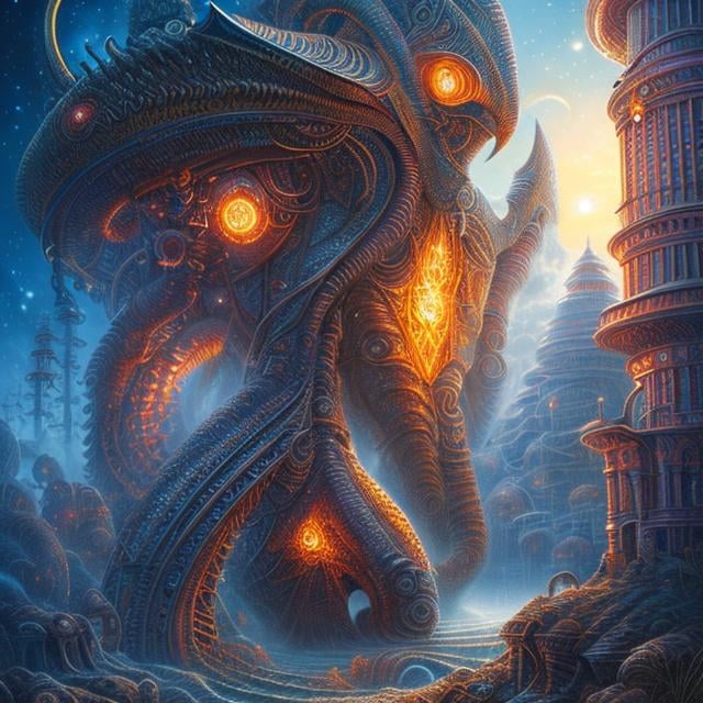 Prompt: John Stephens art style, detailed, sci-fi fantasy, surreal, weird, night in Tokyo, The Call of Cthulhu, girl battling, 