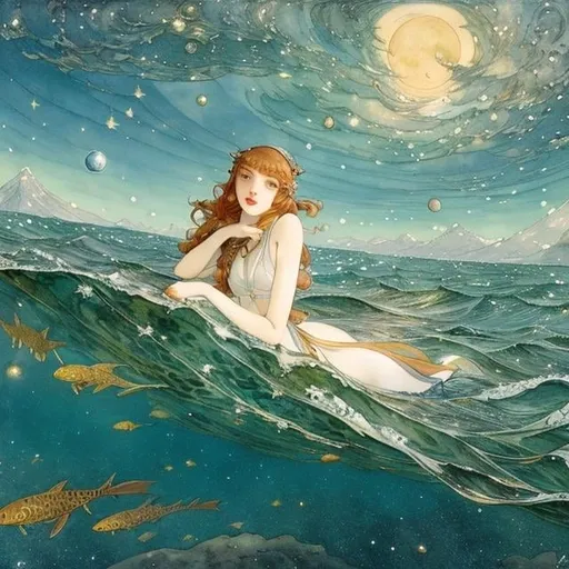 Prompt: Anton Pieck, Walter Crane, Japanese Anime Surreal Mysterious Weird Fantastic Sci-fi Fantasy Girl Swimming in the Sea of ​​Space, hyperdetailed high resolution high definition high quality masterpiece 