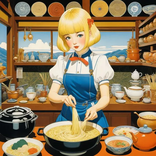 Prompt: George Barbier, Mabel
attwell, Anne Anderson, Katsuhiro Otomo, May Gibbs, Surrealism, Mysterious, Weird, Outlandish, Fantasy, Sci-Fi, Japanese Anime, Alice's noodle making workshop, a beautiful blonde miniskirt girl, perfect voluminous body, Handmade noodles, Science of ramen, Umami and Dashi, Gourmet, detailed masterpiece 