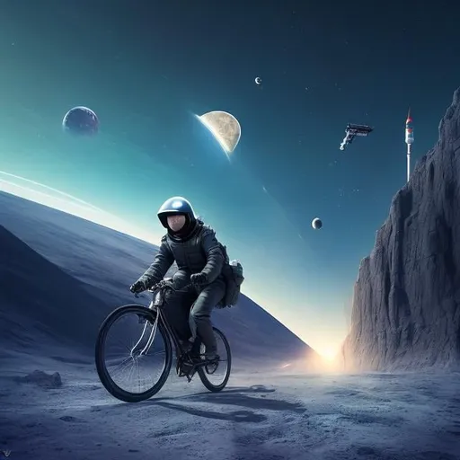 Prompt: Mikhail Tsekhanovskiy, Anton Lomaev, Surreal, mysterious, strange, fantastic, fantasy, sci-fi, Japanese anime, a suicide mission to the moon from which there is no return, the race for space development is a product of human delusion, the hero who went to the moon by rocket is still frantically pedaling his bicycle, absurdity, detailed masterpiece high resolution definition quality depth of field cinematic lighting 