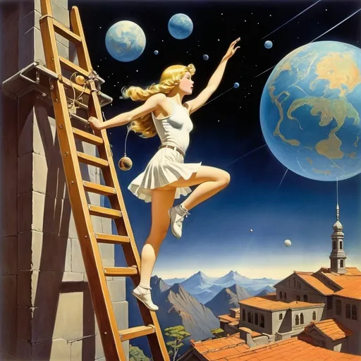 Prompt: Cecil Walton, Liam Sharp, A E Marty, Will H. Bradley, Virginia Frances Sterrett, Surrealism, strange, bizarre, fantastical, fantasy, Sci-fi, Japanese anime, utopia climbing on a ladder, beautiful high school girl in a miniskirt diving into consciousness, perfect voluminous body, circular movement of the planet, exile from the earth, detailed masterpiece 