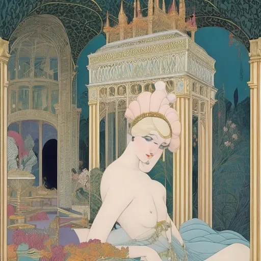 Prompt: George Barbier Surreal, mysterious, strange, bizarre, fantasy, Sci-fi fantasy, museum seen from the brain, art cultivates people, beauty that affects the brain, archive of human memory, three stages of memory, Mind Palace