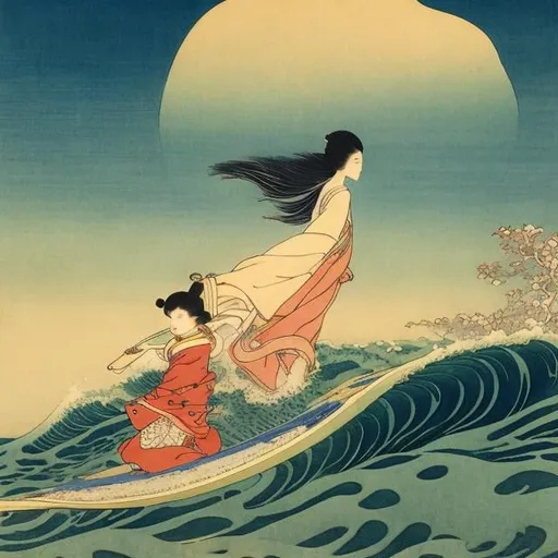 Prompt: Ukiyo-e style F Cayley Robinson, Charles Ricketts, surreal, mysterious, strange, fantastical, fantasy, Sci-fi fantasy, great waves, Tokyo Tower, Alice the girl riding the waves, detailed high resolution definition quality masterpiece 