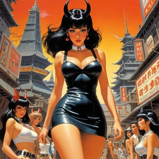 Prompt: Dave Stevens, Jon Hul, Mel Ramos, Surrealism, Mysterious, Weird, Outlandish, Fantasy, Sci-Fi, Japanese Anime, Journey to Modern Hell, Miniskirt Beautiful Little Devil Guides Tourists, perfect voluminous body, detailed masterpiece zoom in high angles 