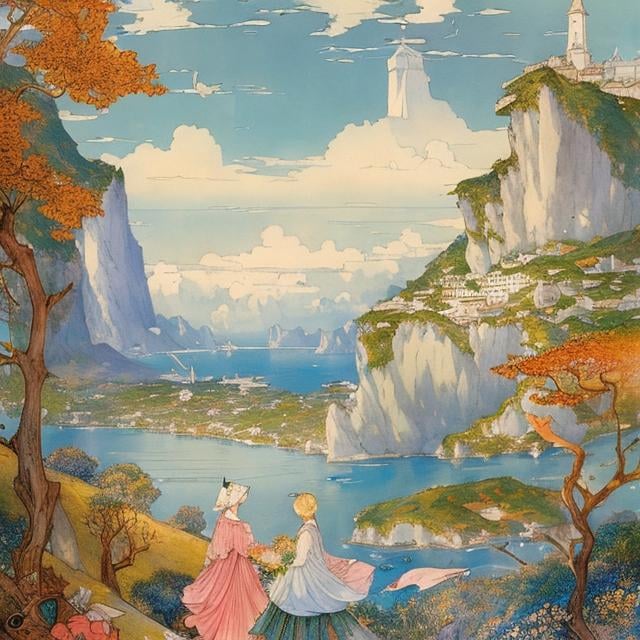 Prompt: Cicely Mary Barker, Margaret Tarrant, Virginia Frances Sterrett, great fall at the end of the world, ship sailing, floating islands, , hyper detailed, Japanese anime, manga lines, high quality high resolution high definition masterpiece , colour