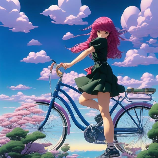 Prompt: Nanae Haruno, Franklin Booth full colour, Mysterious, bizarre, surreal, bizarre, fantasy, Sci-fi, Japanese anime, a land of many geometric polyhedra floating in the air, a complex three-dimensional object, a beautiful girl in a miniskirt on a bicycle trip, perfect voluminous body, detailed masterpiece 