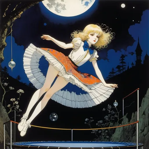 Prompt: Harry Clarke, Jean-Claude Mezieres, Surreal, mysterious, strange, fantastical, fantasy, Sci-fi, Japanese anime, beautiful blonde miniskirt girl Alice playing on the trampoline, perfect voluminous body, Land of Shadows, detailed masterpiece 