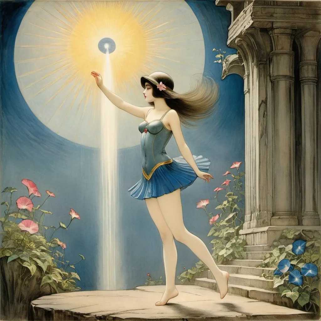 Prompt: Alfred Kubin Full colours, Olivia De Berardinis, Surreal, mysterious, strange, fantastical, fantasy, Sci-fi, Japanese anime, Temple of Flora, Mercury Morning Glory, Miniskirt Beautiful Girl, perfect voluminous body, detailed masterpiece 