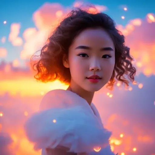 Prompt: masterpiece, best quality, movie still, 1girl, cloud girl, floating in the sky, close-up, bright, happy, warm soft lighting, sunset, (sparks:0.7)