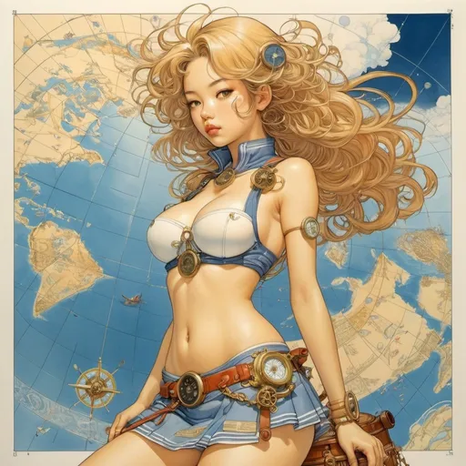 Prompt: Katsuya Terada, James Jean, Mabel Attwell, Surreal, mysterious, strange, fantastical, fantasy, sci-fi, Japanese anime, nautical chart to cross the vast ocean of words is also a compass, voyage, miniskirt beautiful girl captain, perfect voluminous body, nautical chart called a dictionary, detailed masterpiece 