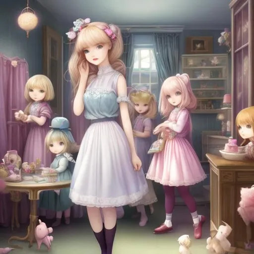 Prompt: Margaret Tarrant, Kate Greenaway, Mabel Attwell, Anne Anderson, Janese Jean, Surreal, mysterious, strange, fantastical, fantasy, Sci-fi, Japanese anime, miniskirt beautiful girl Alice, perfect voluminous body, blonde, in the center of the room, the room is full of stuffed animals of various sizes, Alice smiling happily, hyper detailed masterpiece high resolution definition quality depth of field cinematic lighting 