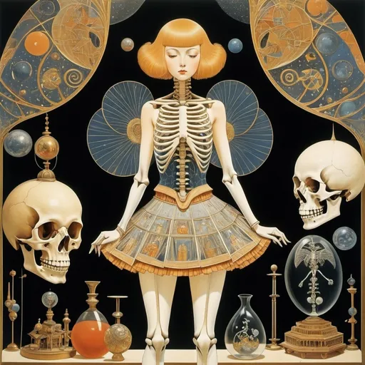 Prompt: George Barbier, Issachar Ber Ryback, Remedios Varo, Ladislas Kijno, Kore Yamazaki, Surrealism Mysterious Weird Fantastic Fantasy Sci-fi, Japanese Anime, Macrosphere and Chronosphere, Dialogue with academic specimens, Beautiful high school girl in miniskirt, perfect voluminous body, Specimen box, Skeleton of science, detailed masterpiece 