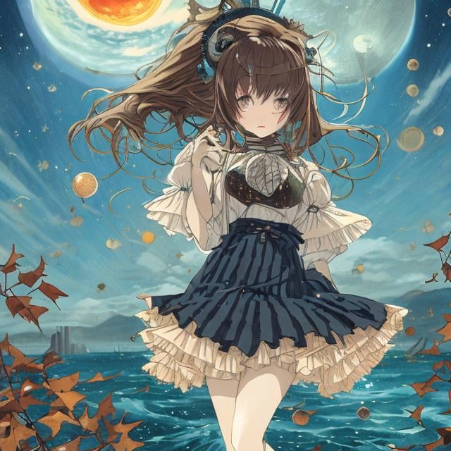 Prompt: Charles Doyle, Francis’s picabia, Kate Greenaway style, Time Machine, fall leaves, miniskirt Japanese high school girl, ocean, galaxy, huge moon, strange sci-fi fantasy manga lines detailed resolution definition high quality masterpiece 