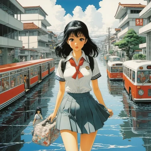 Prompt: Katsuhiro Otomo, Edwin Georgi, Surreal, mysterious, bizarre, fantastical, fantasy, Sci-fi, Japanese anime, art museum library, workshop for extracting the souls of dolls, bus crossing the lake, canals all over the city, beautiful high school girl in miniskirt, perfect voluminous body, detailed masterpiece 
