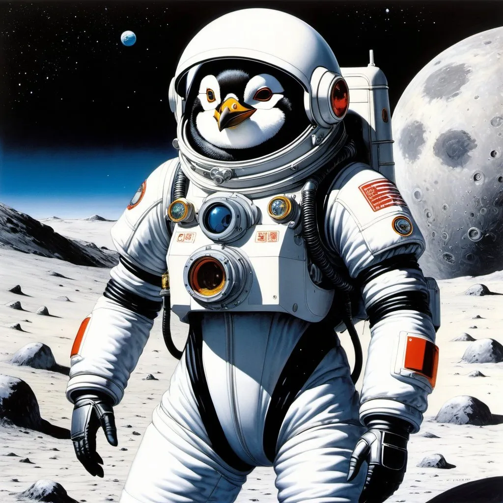 Prompt: Katsuhiro Otomo, Jim Burns, Surreal, mysterious, strange, fantastical, fantasy, sci-fi, Japanese anime, penguin in a spacesuit on the moon, beautiful girl in a mechanical suit, perfect voluminous body, aiming for Mars next, detailed masterpiece 