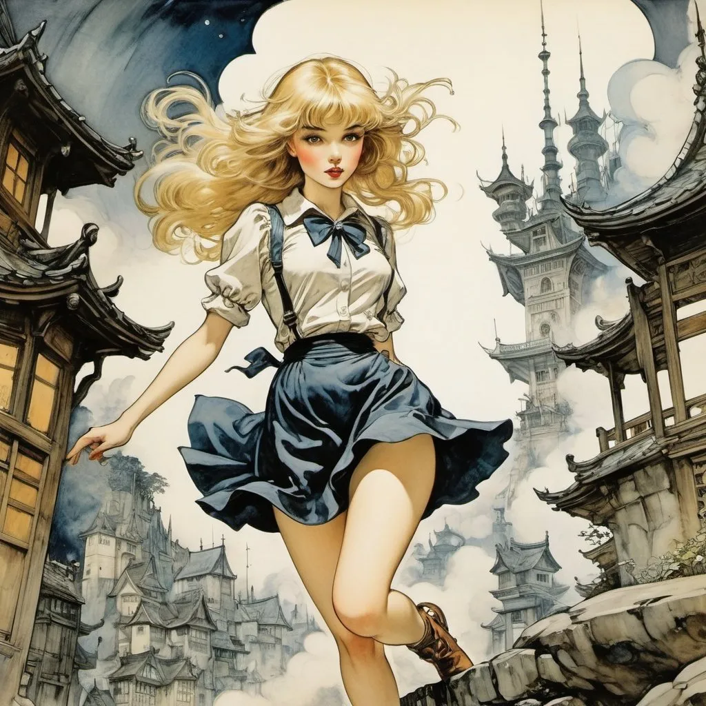 Prompt: Arthur Rackham, Wally Wood, Surreal, mysterious, strange, fantastical, fantasy, Sci-fi, Japanese anime, city model and paradise model, Alice, the beautiful blonde miniskirt girl who kicks away the North Star, perfect voluminous body, dynamic action poses detailed masterpiece 