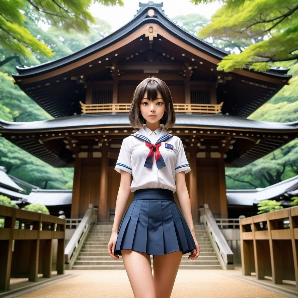 Prompt: Jakub Różalski, A E nasty, Surreal, mysterious, strange, fantastical, fantasy, Sci-fi, Japanese anime, spaceship at Meiji Shrine, encounter with the unknown, miniskirt beautiful high school girl, perfect voluminous body, detailed masterpiece 