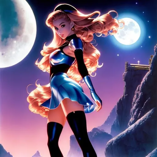 Prompt: Alan Davis, Fanny Cory, Surreal, mysterious, strange, fantastical, fantasy, Sci-fi, Japanese anime, moonlight extraction device. The collected moonlight becomes liquid light in a glass bottle, A beautiful girl in a miniskirt operates the device, Perfect voluminous body, detailed masterpiece 
