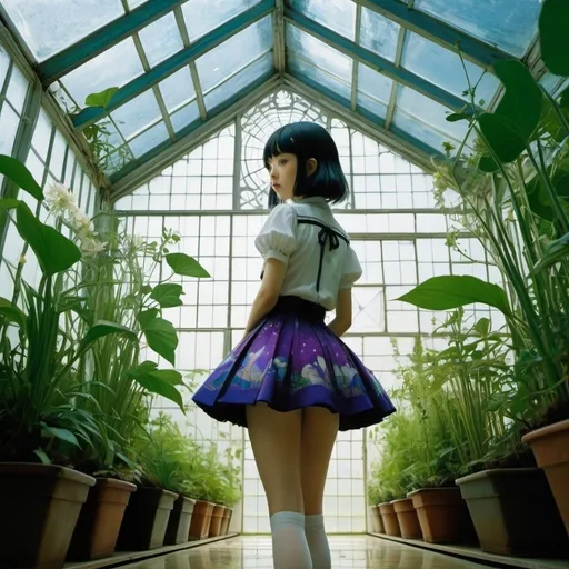 Prompt: Harry Clarke, Lila De Nobili, David Roach, Bianca Bagnarelli, Yasuko Sakata, Surrealism, wonder, strange, bizarre, fantasy, Sci-fi, Japanese anime, greenhouse for growing stars, garden under glass, miniskirt beautiful high school girl's work, perfect voluminous body, detailed masterpiece 