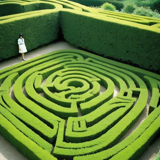 Prompt: Walter Humphrey, Wladyslaw Benda, Akio Watanabe, Yoshifumi Kondō, André Mare, Surrealism, wonder, strange, bizarre, fantasy, Sci-fi, Japanese anime, stone labyrinth and petroglyphs, flowerbed labyrinth and small shrub maze, topiary garden labyrinth or hedge maze, miniskirt beautiful adventurer, perfect voluminous body, detailed masterpiece 