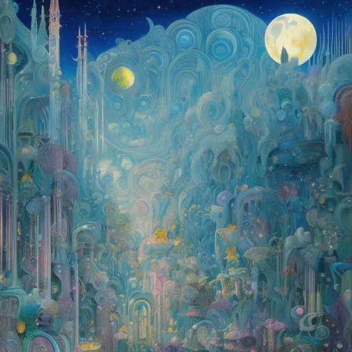 Prompt: Kay Nielsen, Frank Pape, Paul Delvaux, Japanese Anime, Mysterious Bizarre Fantastic Surreal Absurd Fantasy Sci-Fi Fantastic, Alice in Wonderland, Hollow Earth, Journey to the Underground, A Group of Floating Jewels,, Moon Sun Star, Pet Robot Dog, Wreckage of a Crashed Plane, Eternal Flame, hyper detailed, high resolution high definition high quality masterpiece 