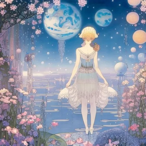 Prompt: Elsa Beskow, Charles Robinson, Margaret Tarrant Japanese Anime　surreal　absurderes　wondrous　strange　Whimsical　Sci-Fi Fantasy　Inside the theater　Floating Moon　a beauty girl