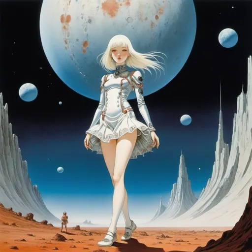 Prompt: Kay Nielsen, Nanaco Yashiro, Józef Mehoffer, Wladyslaw Benda, Yuu Watase, Surrealism Mysterious Weird Fantastic Fantasy Sci-Fi Fantasy Anime, Crash Landing Meteors, Swimming on Mars, MiniSkirt Beautiful High School Girl, perfect voluminous body, detailed masterpiece dynamic action poses low high angles perspectives 