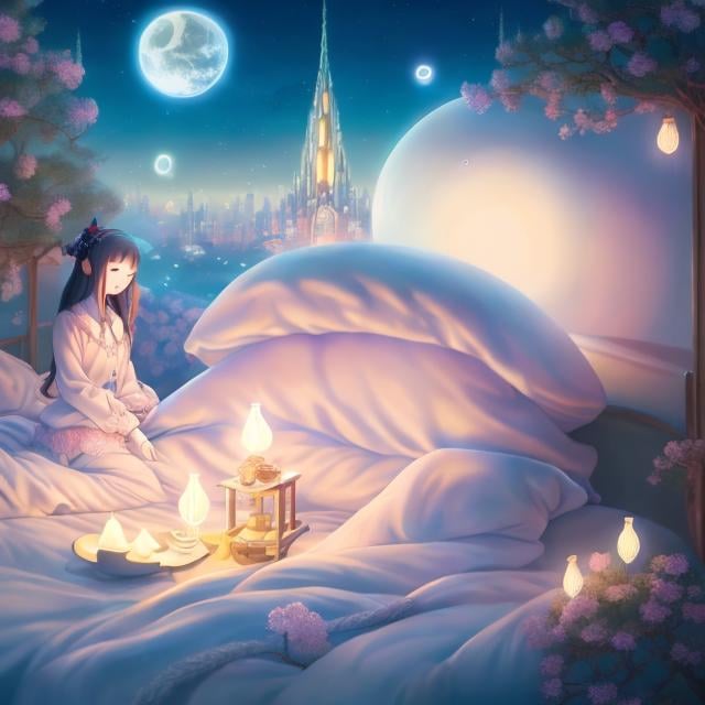 Prompt: Akihiro Yamada, Elsa Beskow, Surreal, mysterious, bizarre, fantastical, fantasy, Sci-fi, Japanese anime, bed floating in the night sky, city night view above, beautiful girl in cute pajamas, perfect body, moonlit night starry sky, bird's eye view, detailed masterpiece 