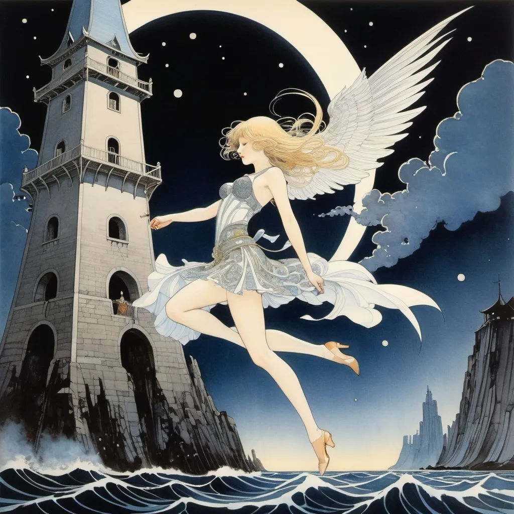 Prompt: Kay Nielsen, Becky Cloonan, Edmond Dulac, Masamune Shirow,  Renáta Fučíková, Surrealism, wonder, strange, fantastical, fantasy, Sci-fi, Japanese anime, visible darkness, walking at night, sailing ship sailing through a high tower, the fall of a miniskirt beautiful girl angel, perfect voluminous body, detailed masterpiece 