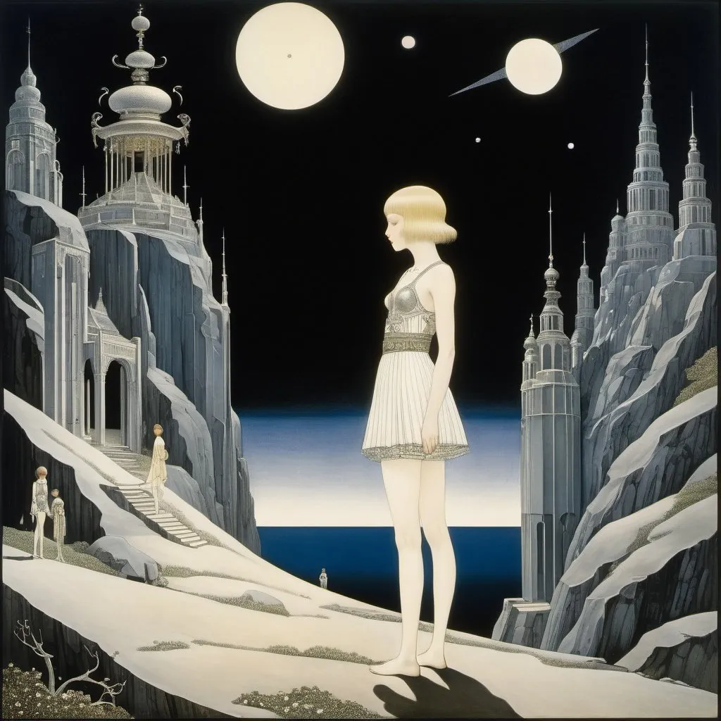 Prompt: Kay Nielsen, Thomas Crane, Heikala, Junaida, Paul Delvaux, Surrealism, wonder, strange, bizarre, fantasy, Sci-fi, Japanese anime, fragments of midnight darkness, sleeping gods and sacred planets, beautiful high school girl in a miniskirt sorting out specimens, perfect voluminous body, detailed masterpiece 