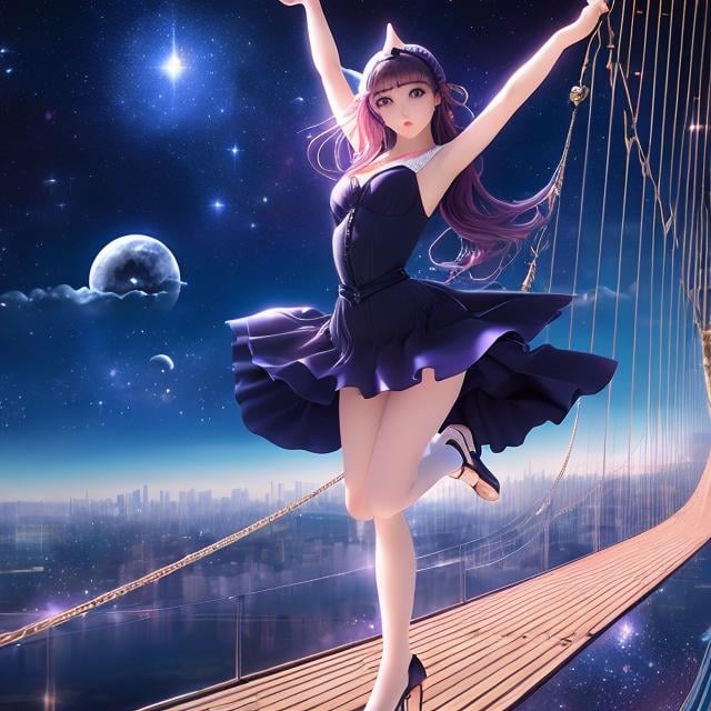 Prompt: Nanpei Yamada, Franciszek Starowieyski, Surreal, mysterious, strange, fantastical, fantasy, Sci-fi, Japanese anime, miniskirt beautiful girl and cat on a suspension bridge, perfect voluminous body, dancing night of stars, detailed masterpiece 