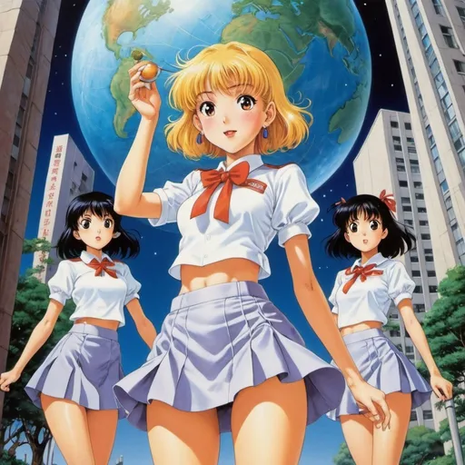 Prompt: Anne Anderson, yuu Watase, Naoko Takeuchi, Joseph Urban, Alexei Pakhomov, Surrealism Mysterious Weird Fantastic Fantasy Sci-Fi, Japanese Anime, Celestial Globe and Curry Rice, Hungry Beautiful High School Girl in Miniskirt, perfect voluminous body, detailed masterpiece 