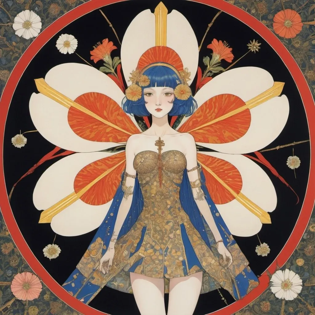 Prompt: Harry Clarke, Kaare Espolin Johnson, Yumiko Igarashi, Shigeru Komatsuzaki, Gerda Wegener, Surrealism, wonder, strange, fantastical, fantasy, Sci-fi, Japanese anime, geometric poetry, iris flower, fiery gold flower of the Vatican, ear-shaped Tennan star, a botanical garden that nurtures beautiful high school girl in miniskirt, perfect voluminous body, detailed masterpiece low high angles poses perspectives 