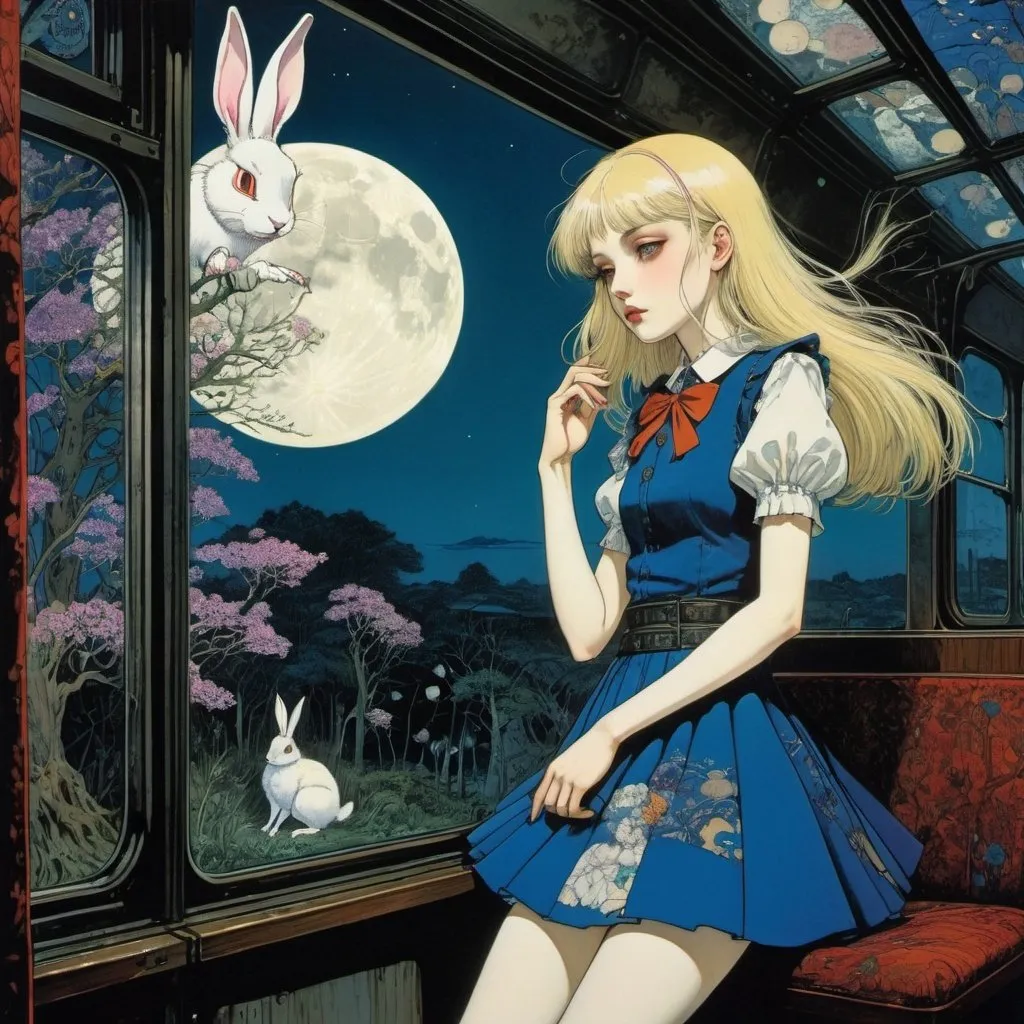 Prompt: Mark Hill, Harry Clarke, Surrealism, Mysterious, Bizarre, Outlandish, Fantasy, Sci-Fi, Japanese Anime, Night Train Window in Spring, Bird Attendance, Traveling Blonde Miniskirt Beautiful Girl Alice, perfect voluminous body, Letter from the Moon Rabbit, detailed masterpiece 