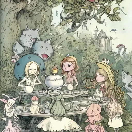 Prompt: Kate Greenaway, Tove Jansson, Heikala, Alice in wonderland, mad Tea party, detailed, high resolution, high definition, high quality, masterpiece 
