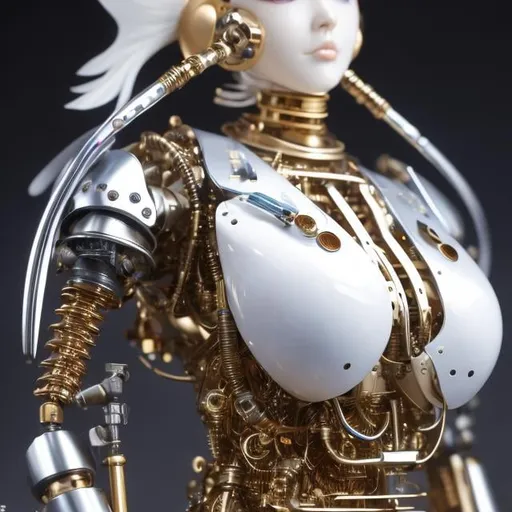 Prompt: Katsuhiro Otomo, Masamune Shirow, Frank Pape, Jean Giraud, Japanese anime,Mechanical girl, sweet beautiful face, shirt haired, perfect body style, part mechanical skin, part human, mechanical joints. Tubes attached, thin skintight, voluminous body, front angled, emphasize curves and shapes of body, hyper detailed, fine lines, high resolution definition quality masterpiece, depth of field, focus. Cinematic lighting, mechanics and machines background, close cowboy shot looking up
