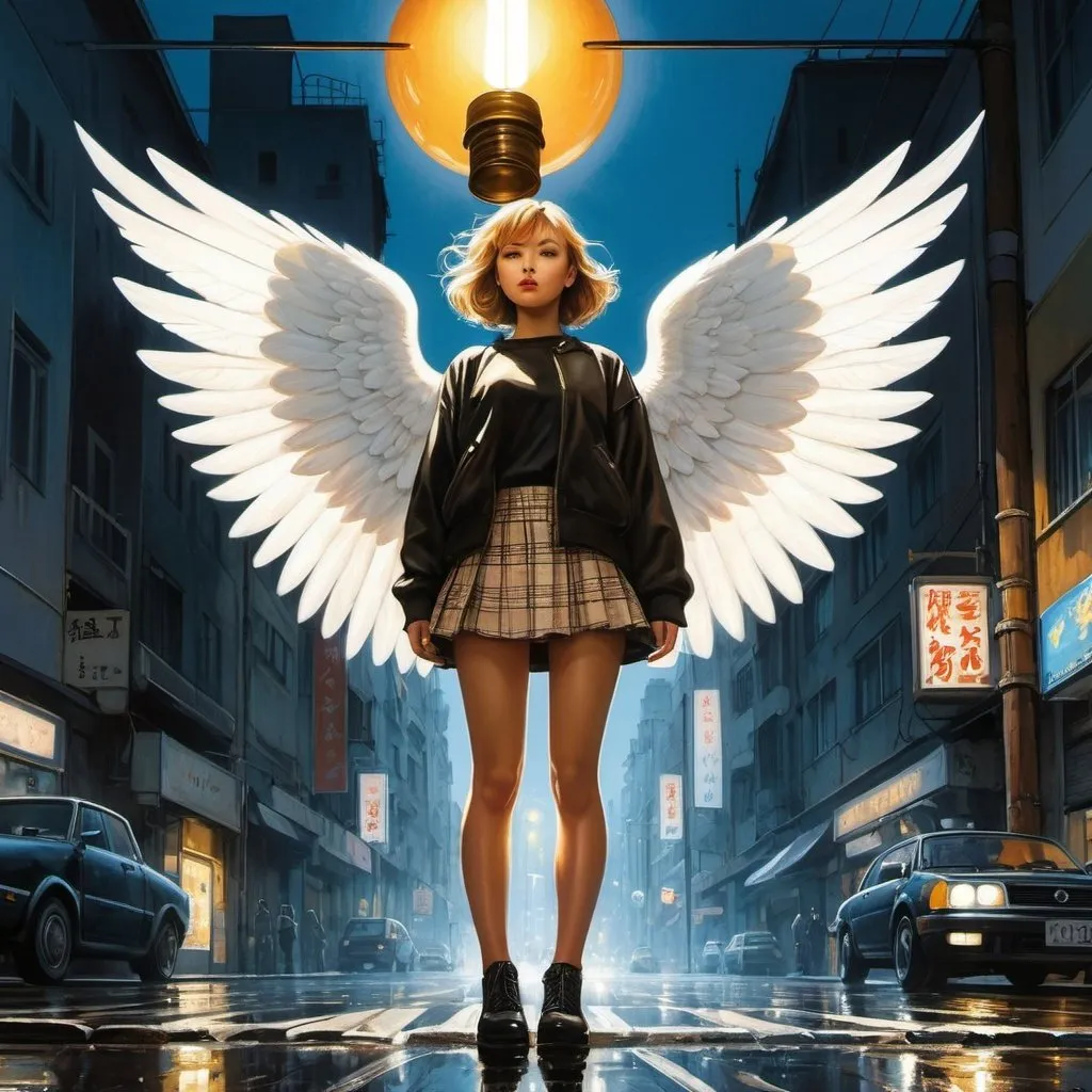 Prompt: Józef Wilkoń, Franciszka Themerson, Jan Marcin Szancer, Olga Siemaszko, Katsuhiro Otomo, Akio Watanabe, Surrealism, wonder, strange, fantastical, fantasy, Sci-fi, Japanese anime, mini-skirt beautiful fallen angel standing in the street light, perfect voluminous body, conversation with me the lightbulb changer, detailed masterpiece low high angles perspectives cinematic lighting 